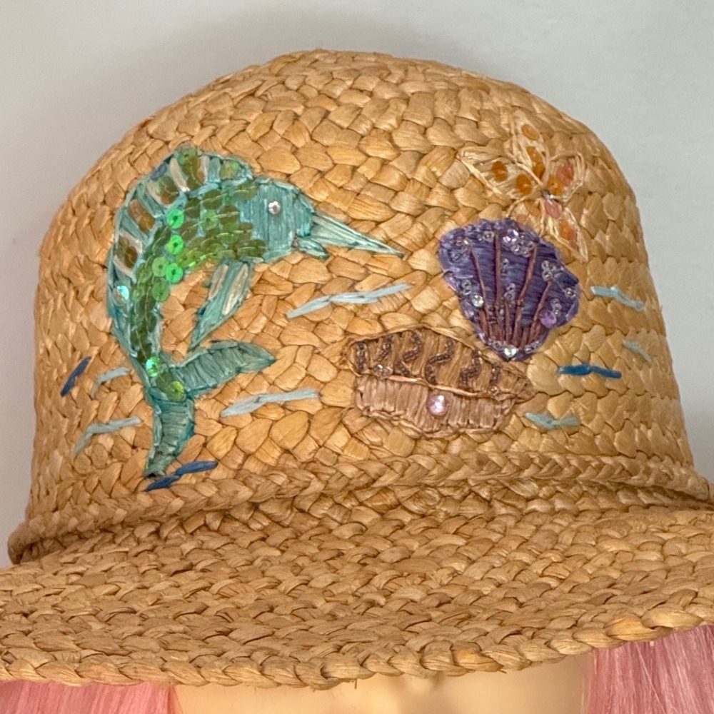 Vintage 90s Y2K Embroidered Dolphin Sequin Straw Floppy Sun Hat